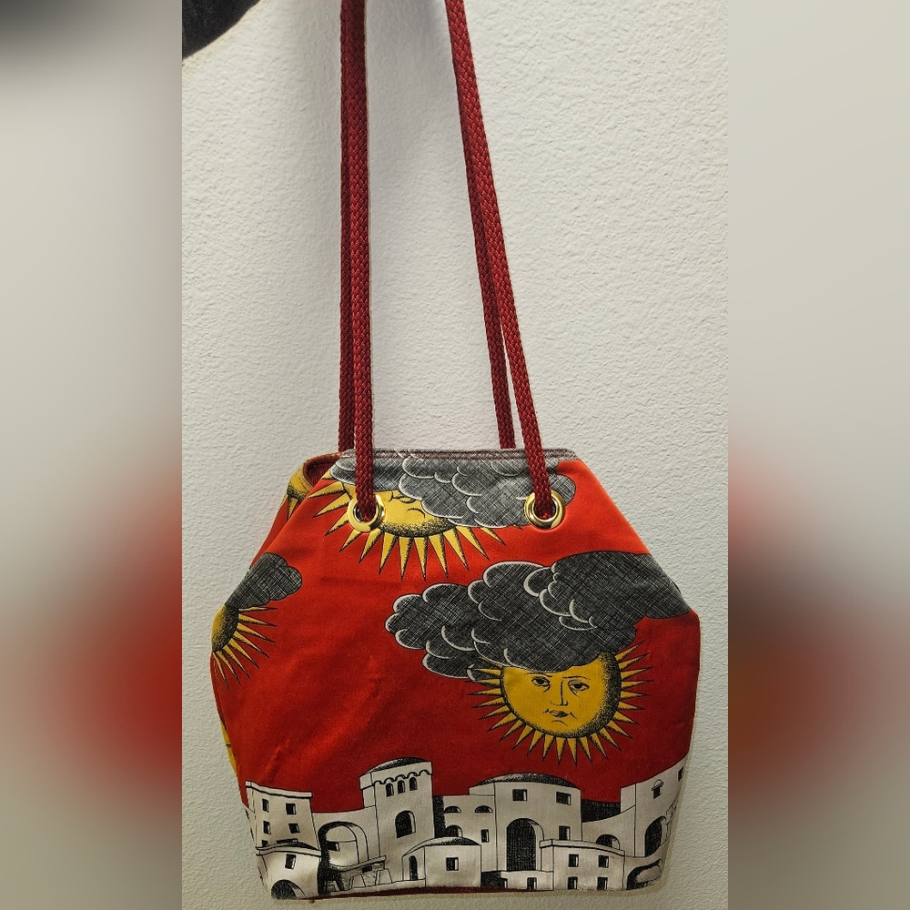 VINTAGE FORNASETTI MADE IN ITALY MILANO ARTSY COLORFUL SUN LANDSCAPE PURSE BAG - Picture 2 of 16